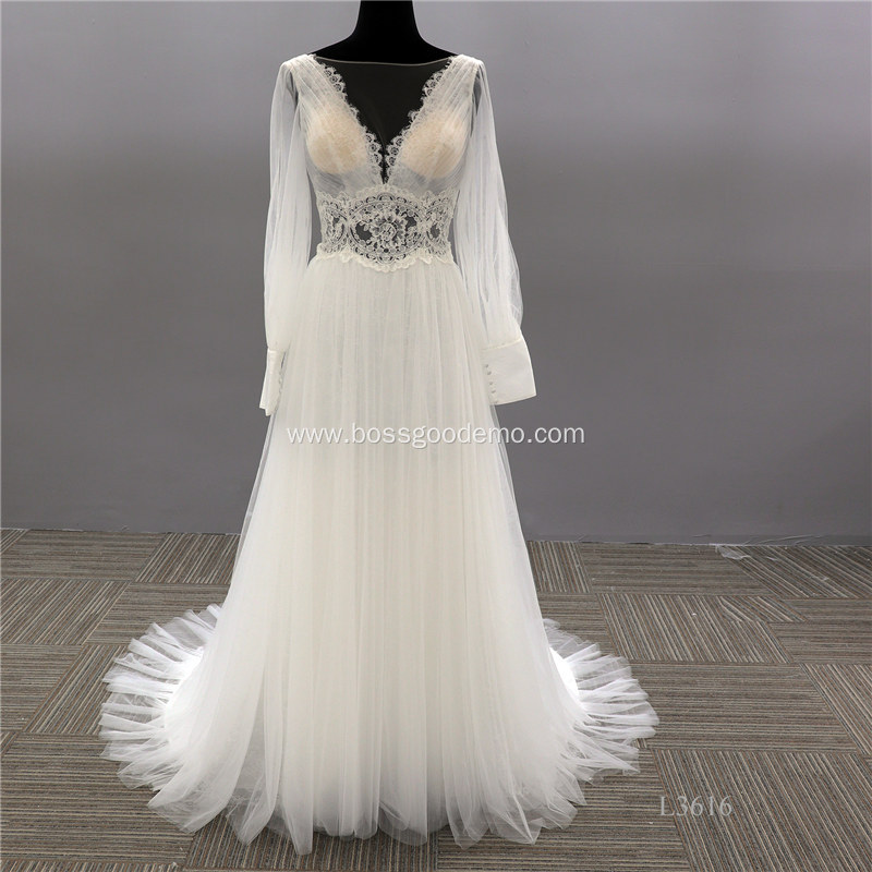 design plain train wedding dresses long sleeves open V back boat neckline a line bridal dress