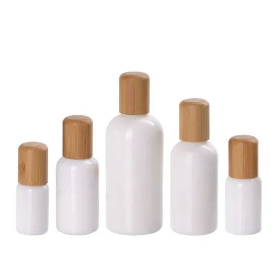 Ceramic White Glass Boston Round Bottle Bamboo caps