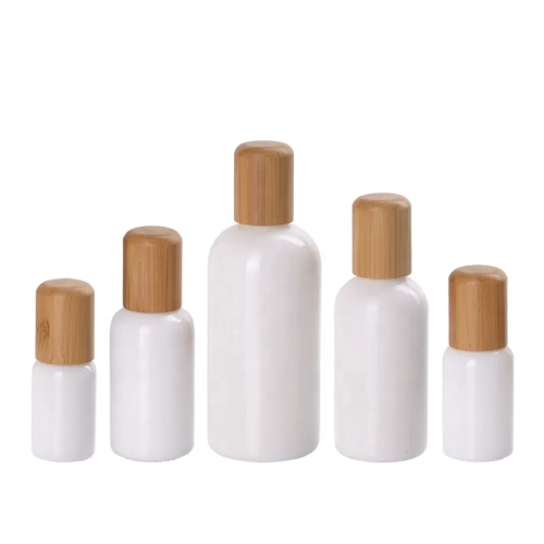 Ceramic White Glass Boston Round Bottle Bamboo caps