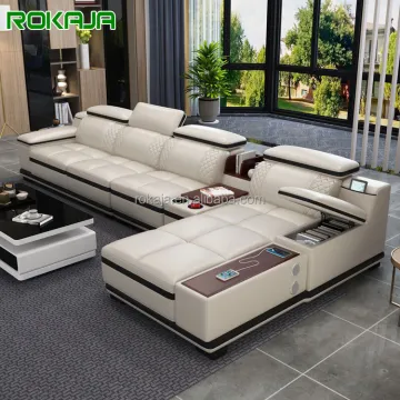 Modern L-Shaped Leather Sofa Set with Speakers - 5/6/7 Seater Corner Sofa