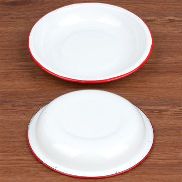 Wholesale Custom Vintage Matte White Camping Enamel Dinner Plates with Black Rim - 18cm to 24cm