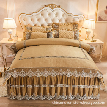 Quilted lace crystal velvet printed bedskirt sheet set
