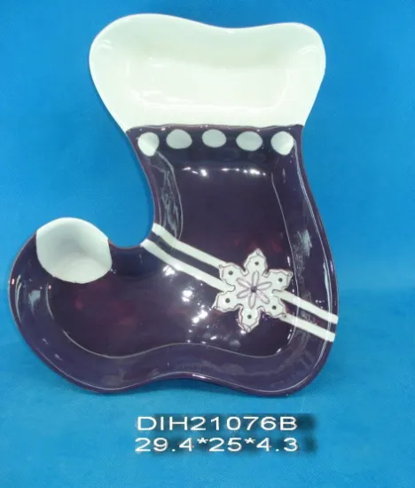 Hand-Painted Ceramic Plate with Santa′s Boot Design