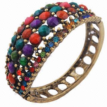 Fashionable retro bronze plated big bangle with colorful acrylic and crystal decorative beads