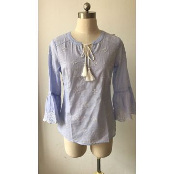Embroidery Cotton Voile Stripe Blouse for Women
