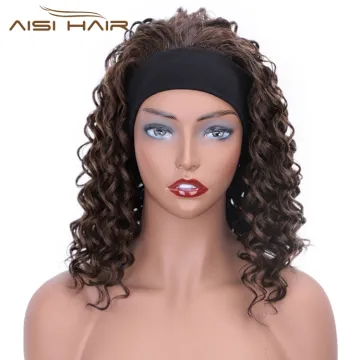 Aisi Hair Afro Curly High Temperature Fiber Synthetic Wigs with Headband Mixed Brown Color Short Curly Wigs for Black Women