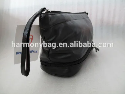Men small black genuine leather pouch toiletry bag