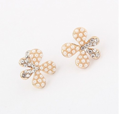 Bunga logam baik bling wanita anting-anting kristal Pearl inlay berlian imitasi lima kelopak bunga stud outlet pabrik anting-anting