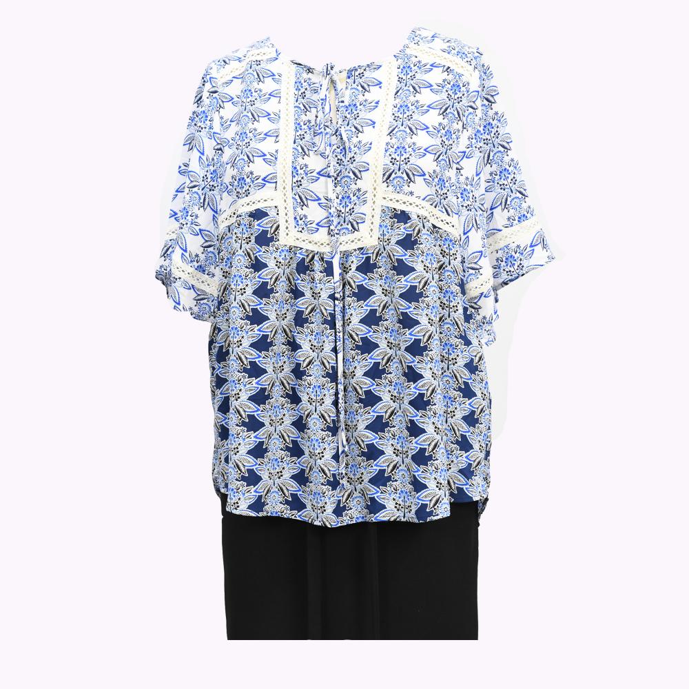Blue Printed Lace Patched Short Blouse