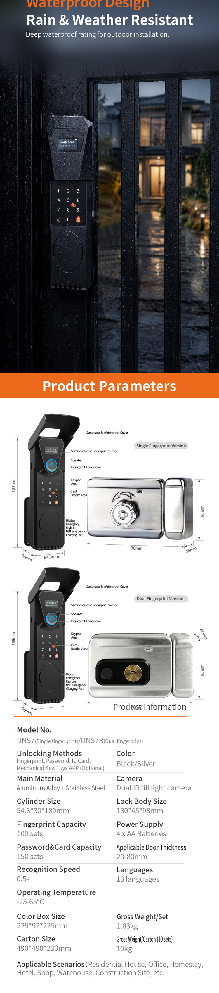 outdoor waterproof smart fingerprint rim lock