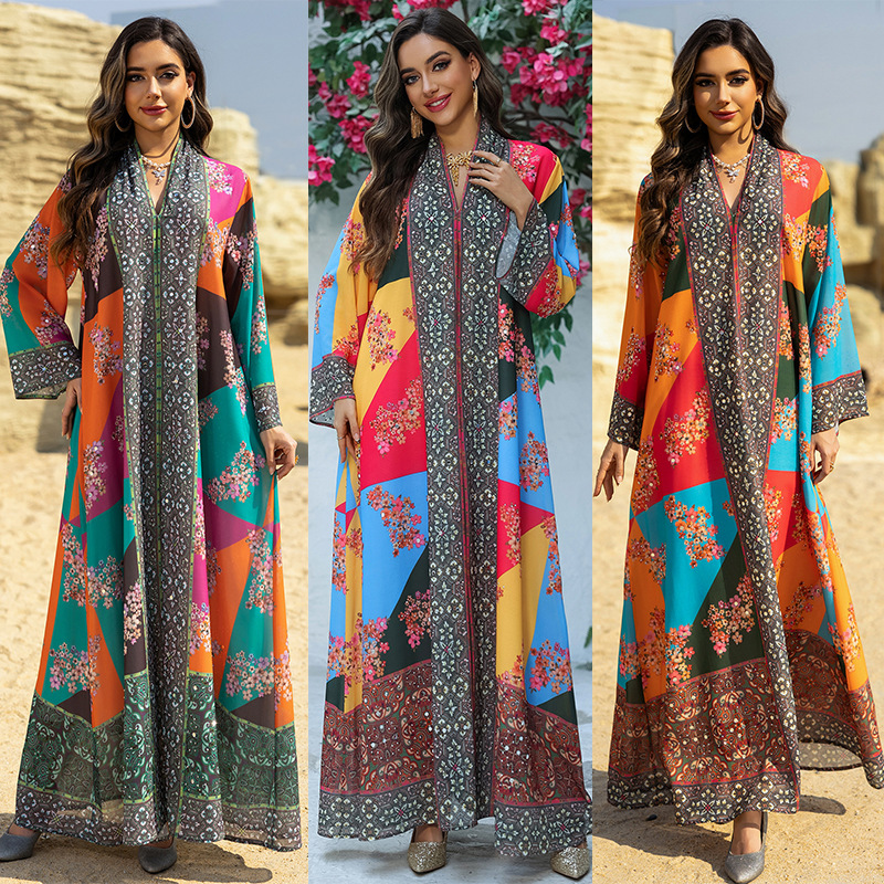 Floral Print Rhinestone Abaya Dress