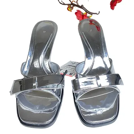 2024 Summer Collection: Large Size 42 Famous Designer Women's Slides & Slippers in Silver Patent Leather