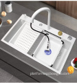 Samtou Nano White Step Kitchen Sink with 304 Stainless Steel Handmade Above Mount Waterfall Faucet - Farmhouse Style