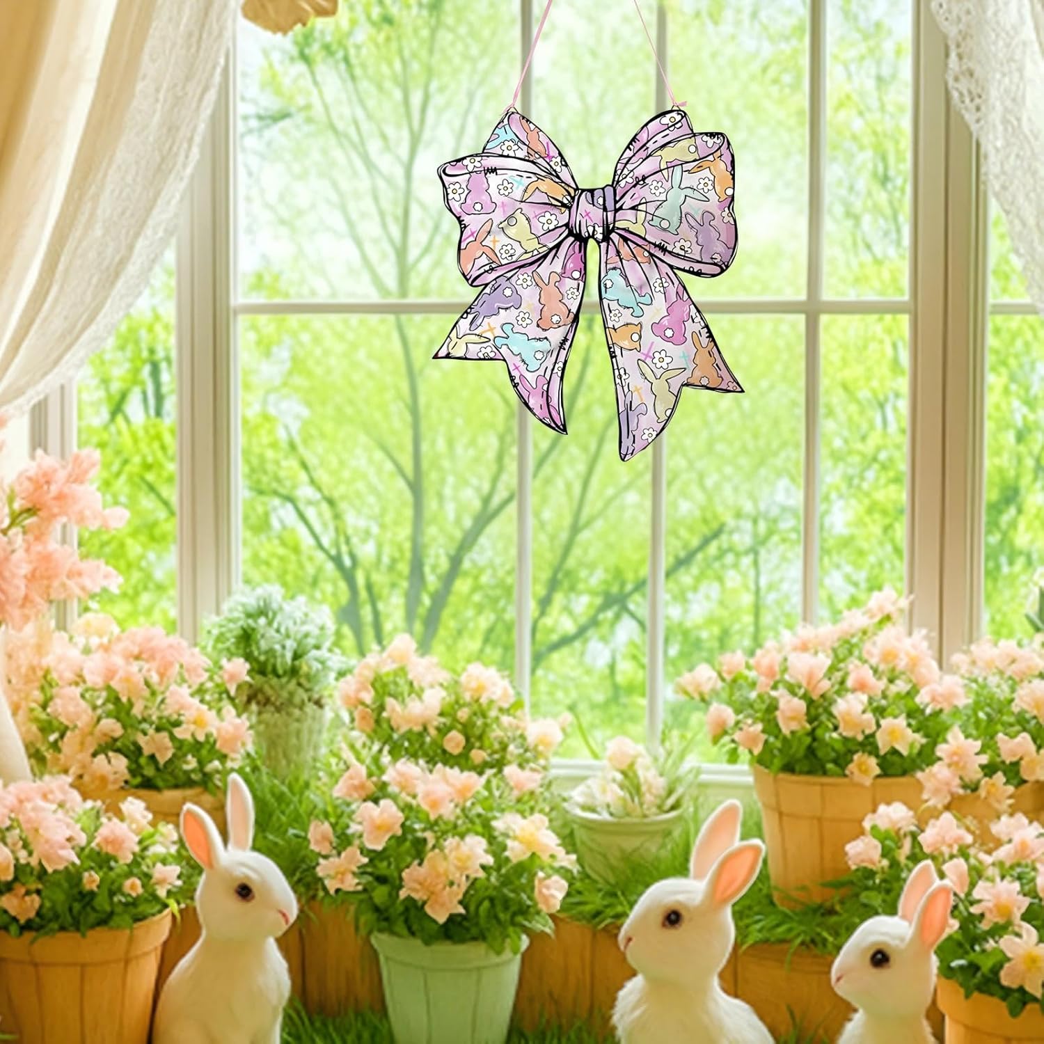 Pastel Easter Bunny Bow Cutout Wooden Door Hanger