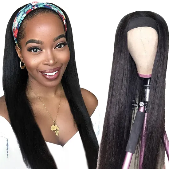 Long Straight Headband Wig for Black Women Synthetic Human Hair Headwraps WigsGlueless Wigs Grip Head band Scarf Wig Highlight