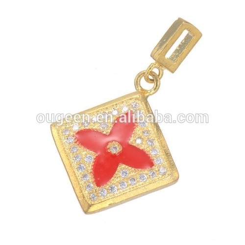2015 Gold Square Necklace Pendant Pave Zircon Enamel Flower Pendant