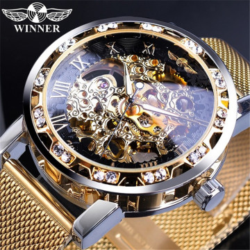 SLZg91 Golden Watches: Luxury Mechanical Men's Watch with Crystal, Slim Stainless Steel Mesh Band - Top Brand Hand Wristwatch