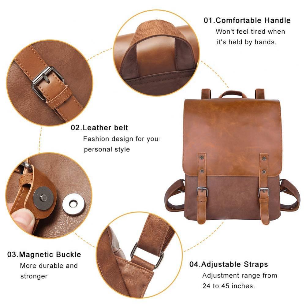 Vegan Leather Backpack Vintage Laptop Bookbag for Women Men, Brown Faux Leather Purse College School Weekend Travel Daypack