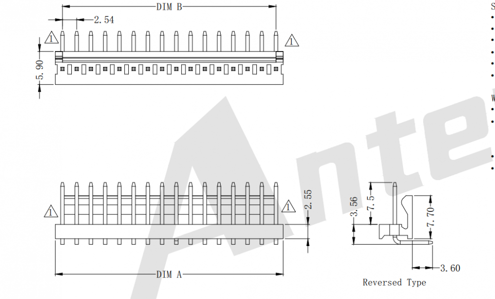 Serie de conector de obleas de una sola fila de 2.54 mm Pitch 90 °