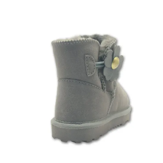 Girls Gray Ankle High Boots With Flower Buttons