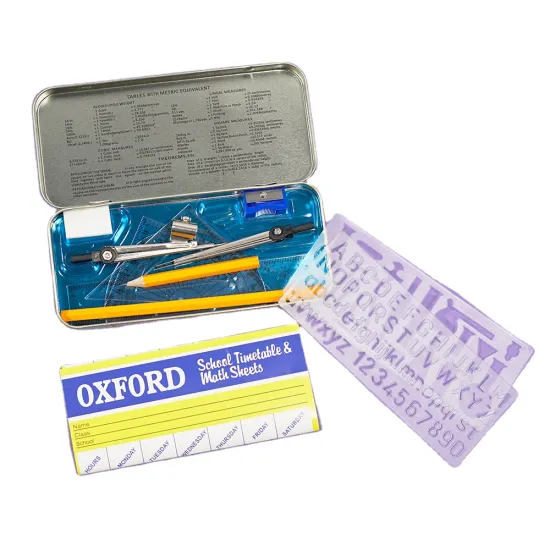 School Gift Box Stationery Set: 12 Pieces Math & Geometry Set with 2 Metal Compasses