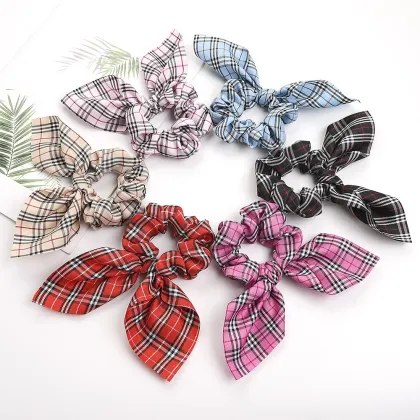 Tartan & Burberry Style Ribbon Hair Scrunchies: Elastic Ponytail Bands for Girls & Women