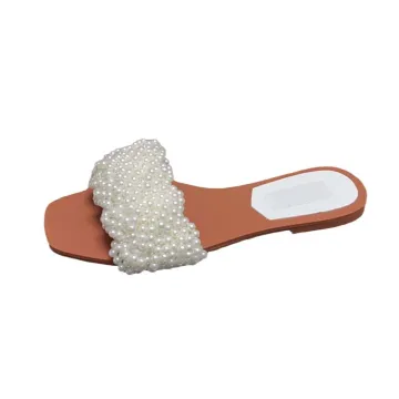 Famous ZA Shoes: Large Size 42 Square Toe Open Toe Pearl Slides Slippers for Women - Summer Outdoor Beach Casual Brand Flat Slippers