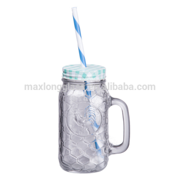 Clear Handle Mason Jar glass-500ml with lid and straw