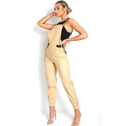 High quality women skinny cargo dungarees solid beige for causal wear