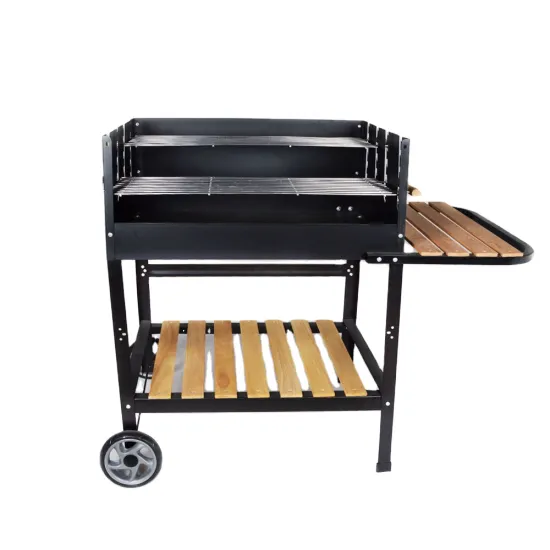 Outdoor Barbecue Adjustable Cooking Height Rectangular Square Bbq Charcoal Grill With Wooden Shelf