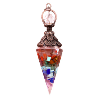 7 Chakra Chip Stone Resin Antique Bronze Hexagonal Cone Pendant & Pendulum