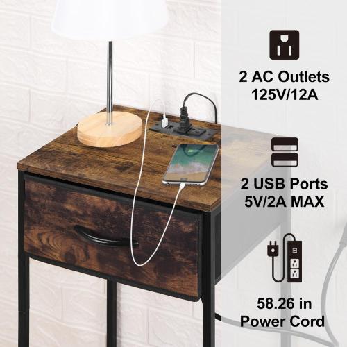 Bedroom Nightstand with Charging Ports Storage Shelf