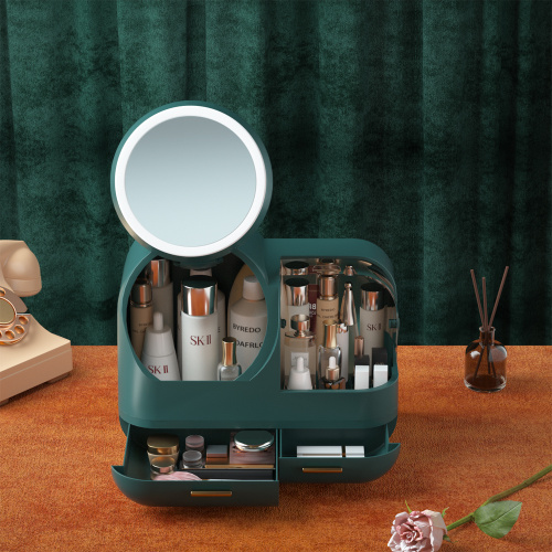 Caixa de armazenamento de cosméticos com espelho giratório iluminado 360 °