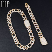 Hip Hop 18MM 2 Row Bling Iced Out Box Buckle Figaro 2Set Cuban Chain Copper Setting AAA+ Cubic Zirconia Necklace For Men Jewelry