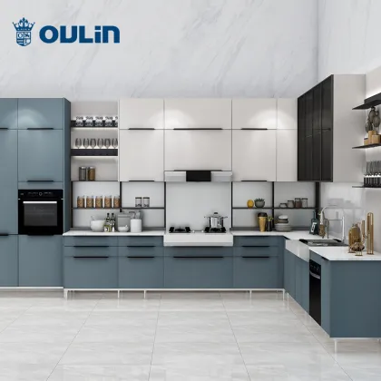 Blue Minimalist Style Home Modular Kitchen Cabinet Kitchen Modern Flat Edge / Eased Edge Apartment Oulin
