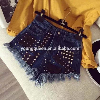 NZK1 The 2016 summer womens denim shorts fashion personality rivet fringed in bulk denim shorts