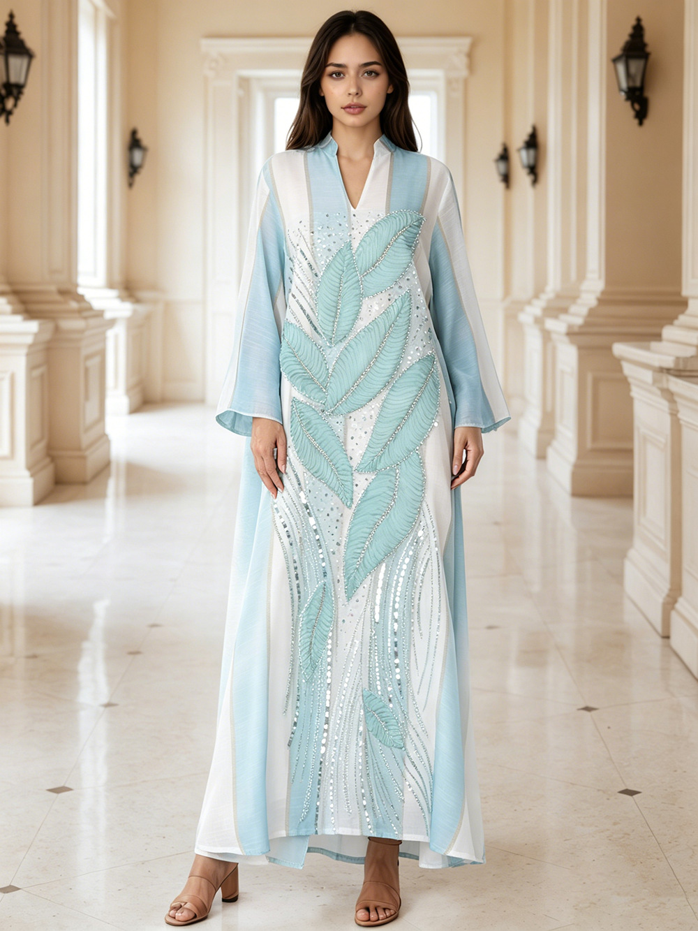Floral Beaded Loose Fit Abaya Dress Detail