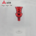 Red Transparent long-stemmed glass pedestal candlestick