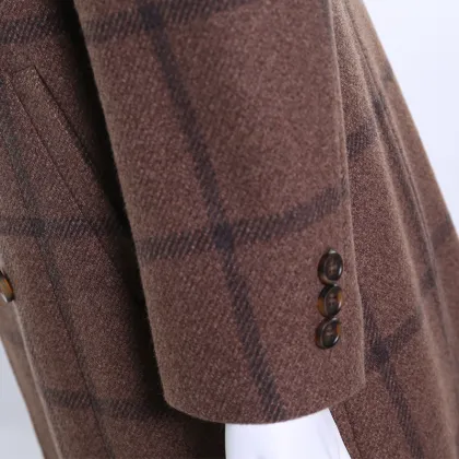 classic double breasted plaid long coat High level Lapel Fashion women long coat wool trench coat