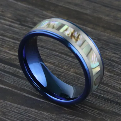 Blue Tungsten Wedding Ring With Abalone Shell Inlay