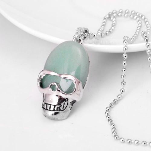 Green Aventurine Skull Gemstone Pendant Necklace with Silver chain