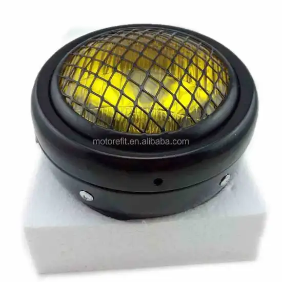 Vintage Motorefit Motorcycle Headlight with Grille - Amber Bullet Halogen for Bobber & Cafe Racer