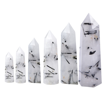 Gemstone Black Quartz Rutilated Faceted Towers Crystal Hexagonal Pointed Tower Reiki Chakra Faceted Prism Wand Stone Home Decor