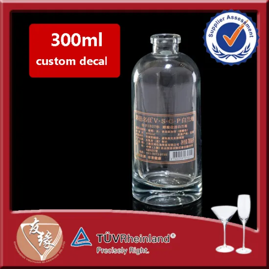 Packaging use fine white glass decaled 300ml brandy cognac empty liquor bottles