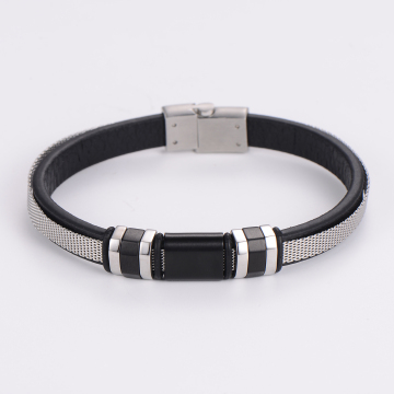 Wholesale Luxury European Men's Stainless Steel Magnetic Bracelets with Genuine Leather Straps