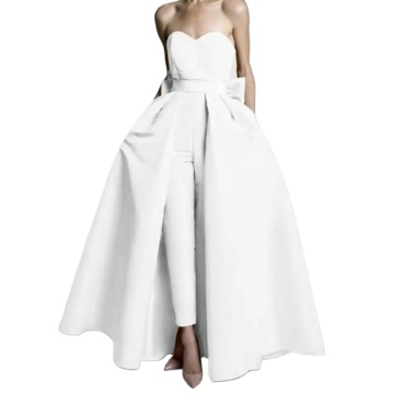 Bescheidener Satin -Hochzeits -Overall mit abnehmbarem Rock, Schatz Bowtie Prom Kleid