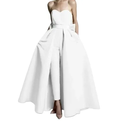 Modest Satin Wedding Jumpsuit with Detachable Skirt, Sweetheart Bowtie Prom Dress