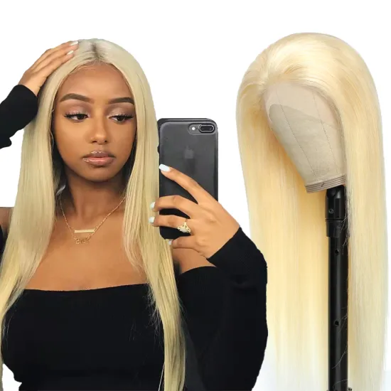 Blonde Colored Brazilian Virgin Hair Full lace Wigs Vendors,613 Ash Blonde Straight Human Hair Lace Front Wig for Black Women