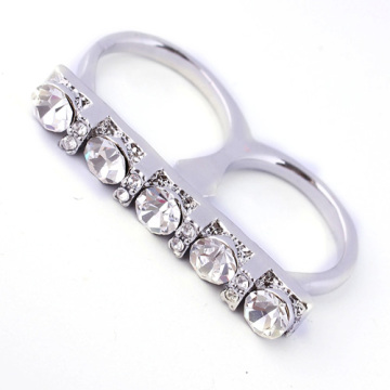 Bright Silver Two Finger Ring Zh-050 With Clear Stone