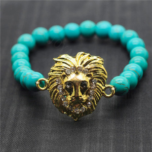 Bracelet extensible de pierres précieuses de perles rondes turquoise de 8MM avec pièce de tête de lion en alliage Diamante